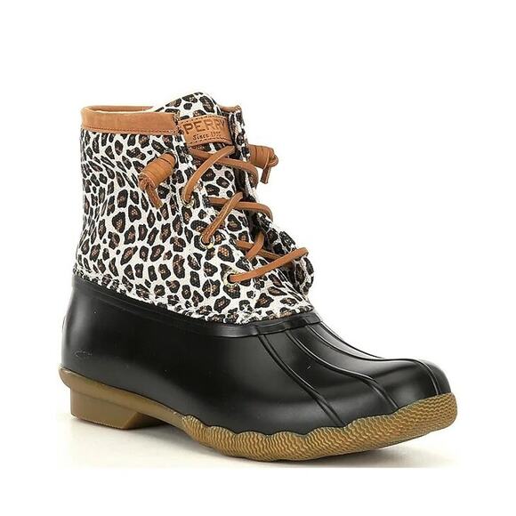 Sperry Lace Up Saltwater Rain Boots Ankle Booties Rubber Leopard 6 - Picture 1 of 9